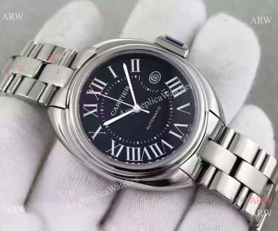 Replica Swiss Cle De Cartier Watch Stainless Steel Black Dial